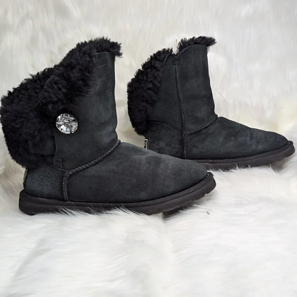 UGG Swarovski Bailey Button Bling Black Classic Calf Boots Women's Size US 8